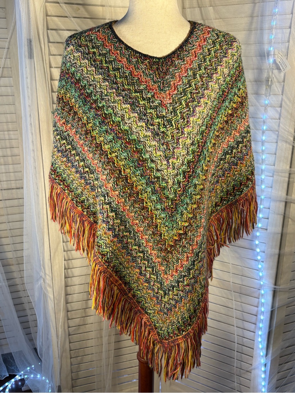 Multicolor Chevron Fringe Poncho - Women Jackets & Coats